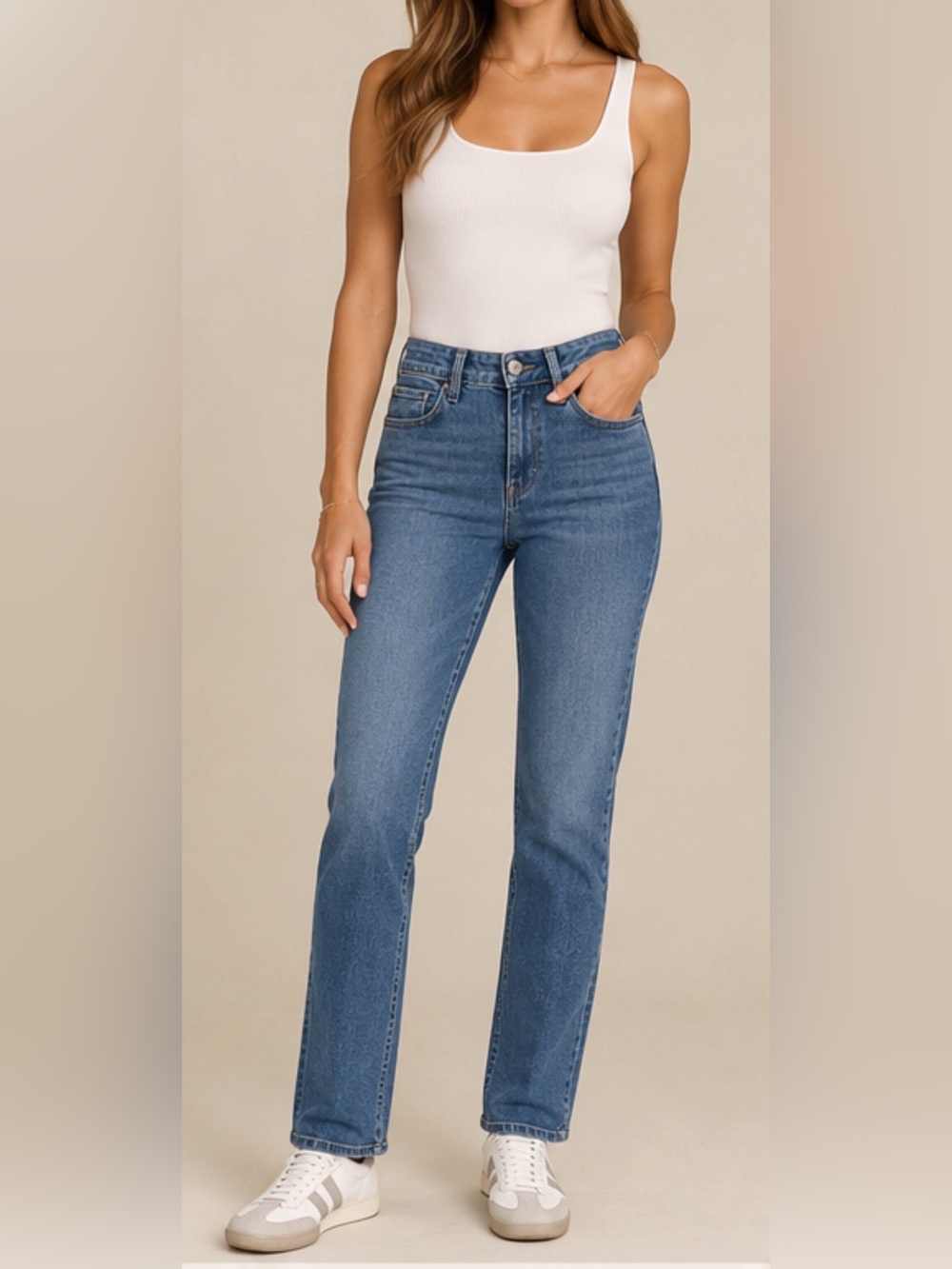 PAIGE High-Rise Straight Jeans in Medium Blue